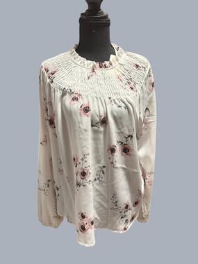 NWT Robin K Floral Smocked Yoke Long Sleeve Blouse | Ivory Pink | Women's